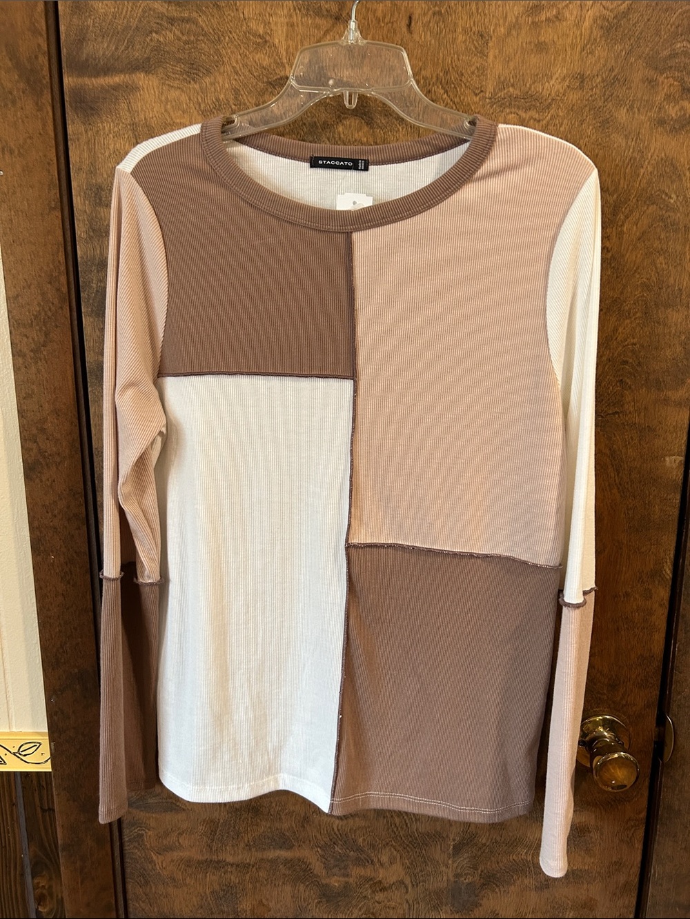 Staccato Patchwork Long-Sleeve Top in Brown & Cream L
